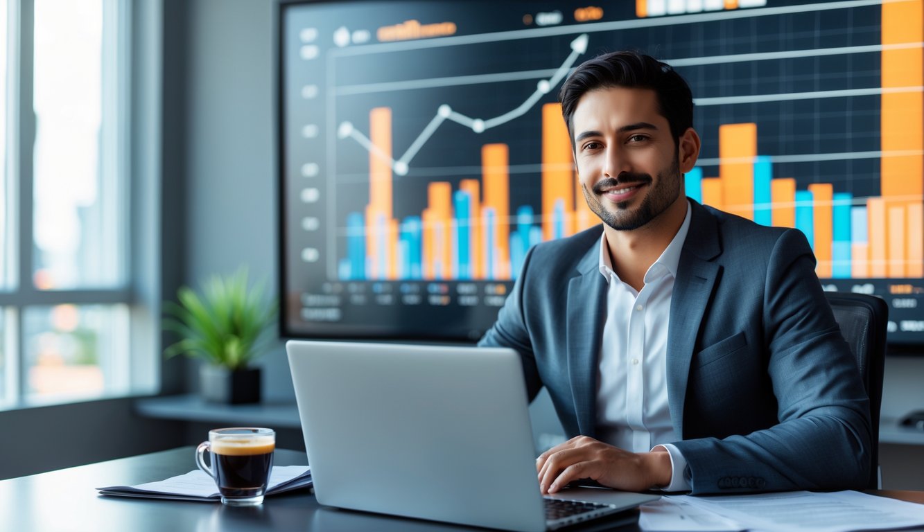 Seorang pebisnis duduk di meja kantor modern dengan laptop dan dokumen, latar belakang layar digital menampilkan grafik dan data.