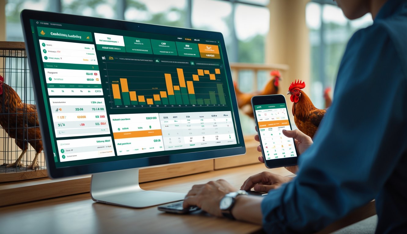 Seseorang menggunakan laptop dan ponsel di kantor modern dengan layar komputer menampilkan platform taruhan sabung ayam.