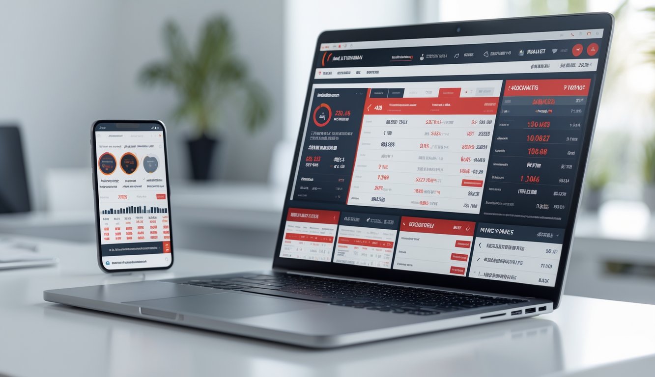 Seorang pria menggunakan laptop dan ponsel untuk melihat data pertandingan sabung ayam secara online di meja kerja yang rapi.