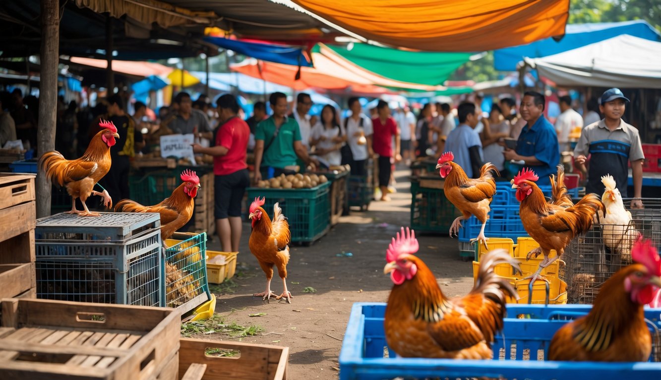Pasar tradisional sabung ayam yang ramai dengan orang-orang dan ayam jago di kandang.