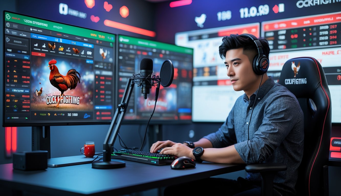 Seorang pria muda duduk di depan komputer dengan beberapa layar yang menampilkan pertandingan sabung ayam secara langsung dan informasi taruhan.