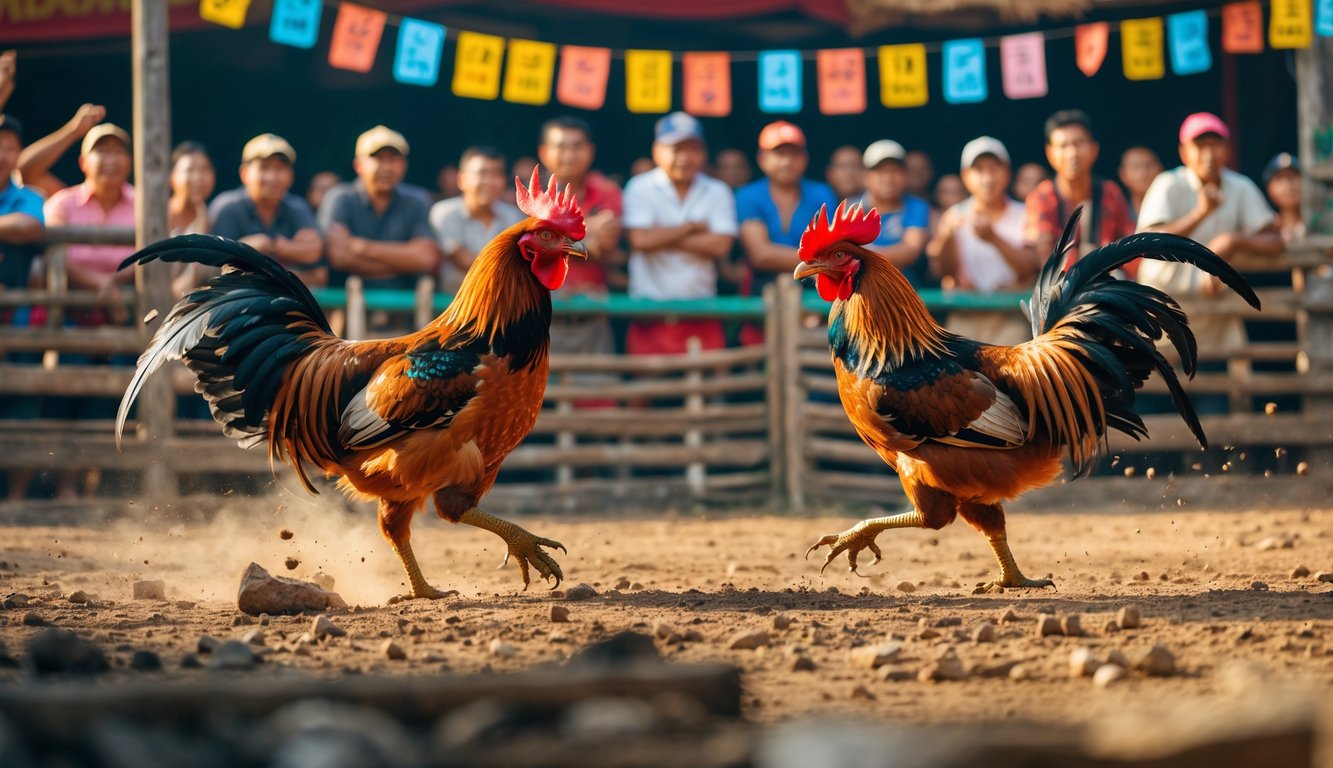Arena sabung ayam tradisional dengan dua ayam jago sedang bertarung dan penonton yang antusias menyaksikan pertandingan.