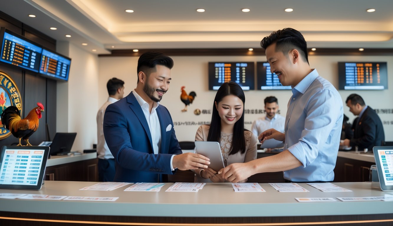 Suasana dalam kantor taruhan sabung ayam dengan agen yang sedang membantu pelanggan di meja layanan.