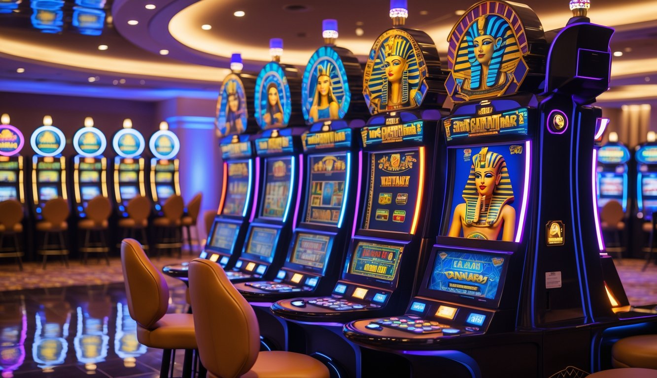 Area mesin slot bertema Mesir dengan desain warna-warni di dalam kasino modern yang rapi dan terang.