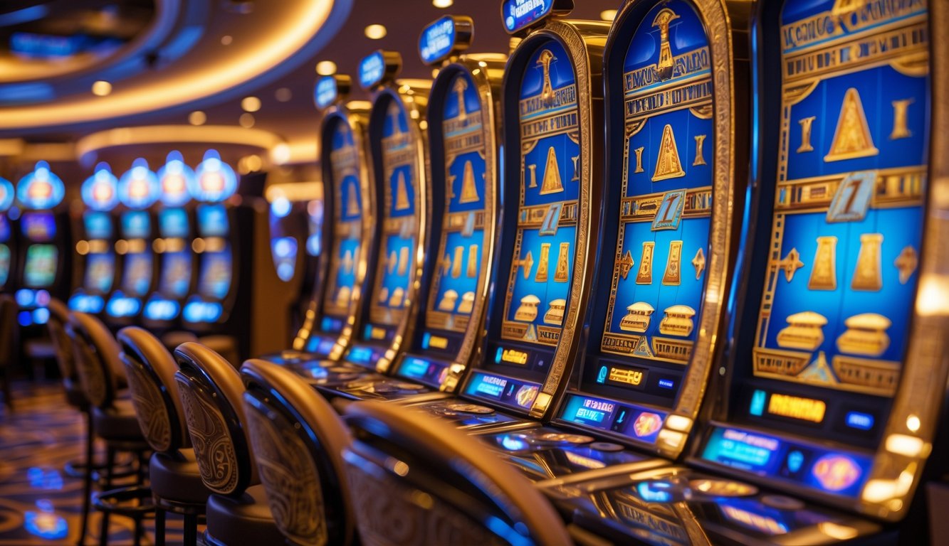 Interior kasino dengan deretan mesin slot bertema Mesir kuno yang mewah dan berwarna emas dan biru.