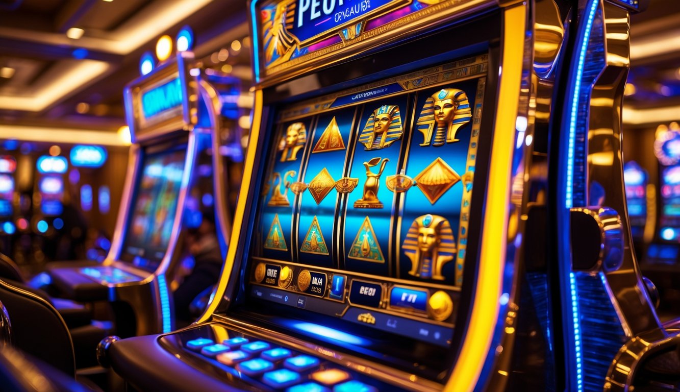 Mesin slot bertema Mesir dengan simbol seperti scarab dan piramida di dalam kasino yang mewah dan terang.