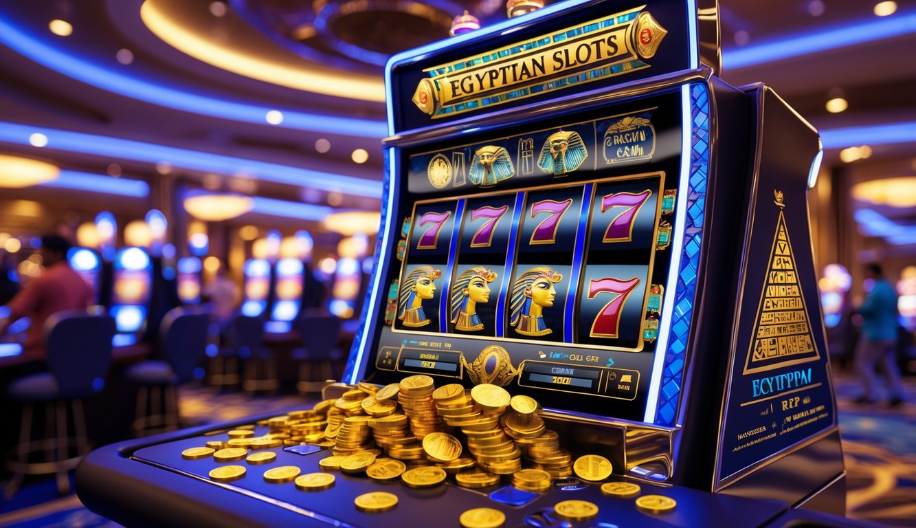 Mesin slot bertema Mesir kuno dengan cahaya warna-warni dan koin emas, di dalam kasino mewah dengan suasana ramai dan penuh semangat.