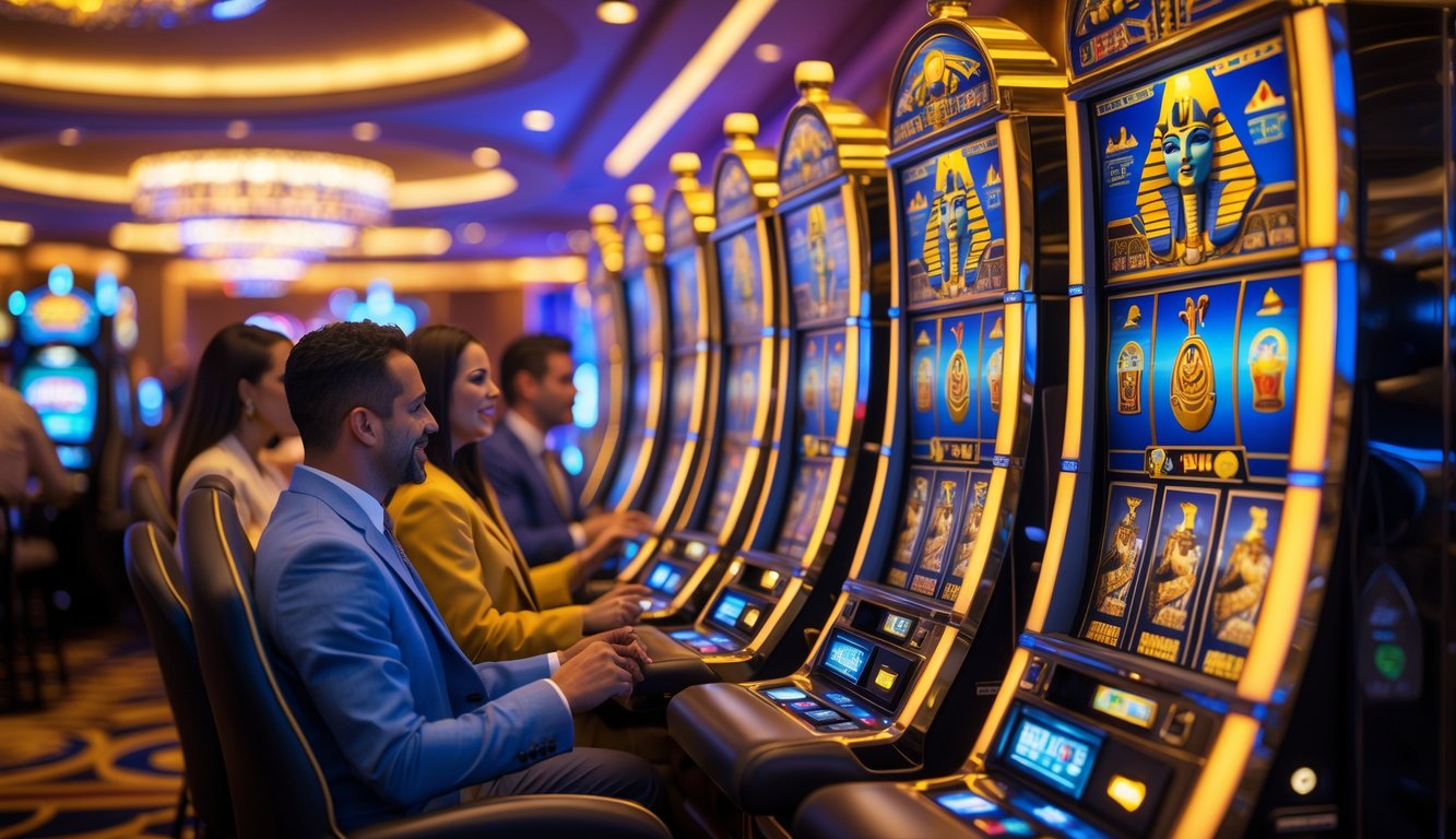 Seorang pemain di kasino yang sedang bermain mesin slot bertema Mesir dengan simbol hieroglif dan piramida di latar belakang.