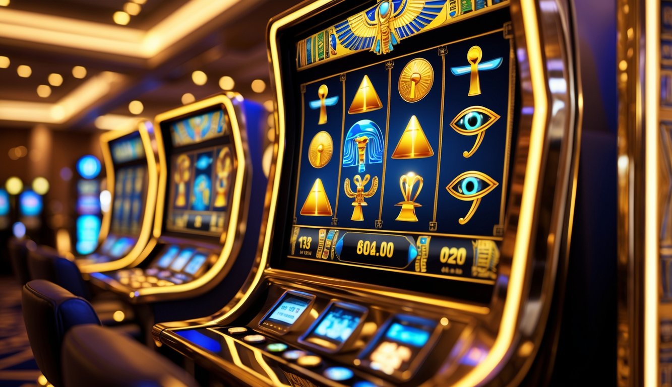 Mesin slot bertema Mesir kuno yang berwarna cerah dengan simbol-simbol seperti piramida dan scarab di dalam kasino yang mewah.
