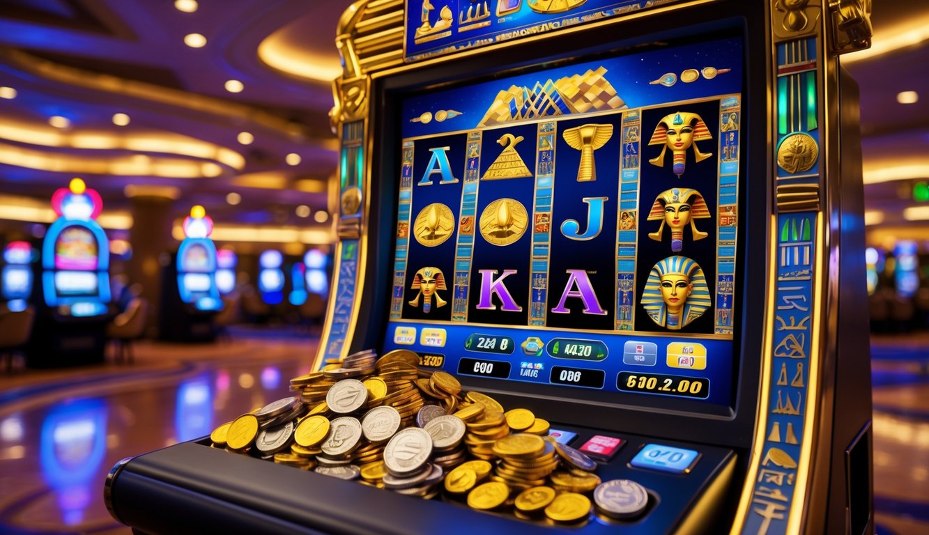 Mesin slot bertema Mesir dengan simbol-simbol ikonik dan koin jackpot yang berjatuhan di dalam kasino.