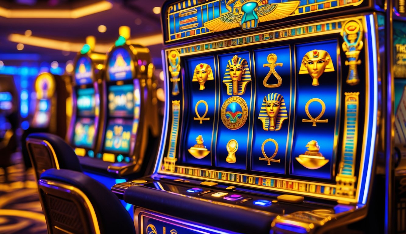 Mesin slot bertema Mesir kuno dengan simbol-simbol seperti topeng firaun dan piramida di dalam kasino yang mewah.