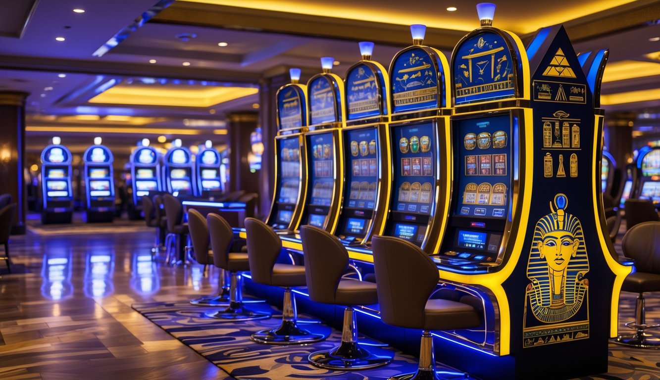 Area mesin slot bertema Mesir dengan dekorasi mewah dan lampu terang di dalam kasino.