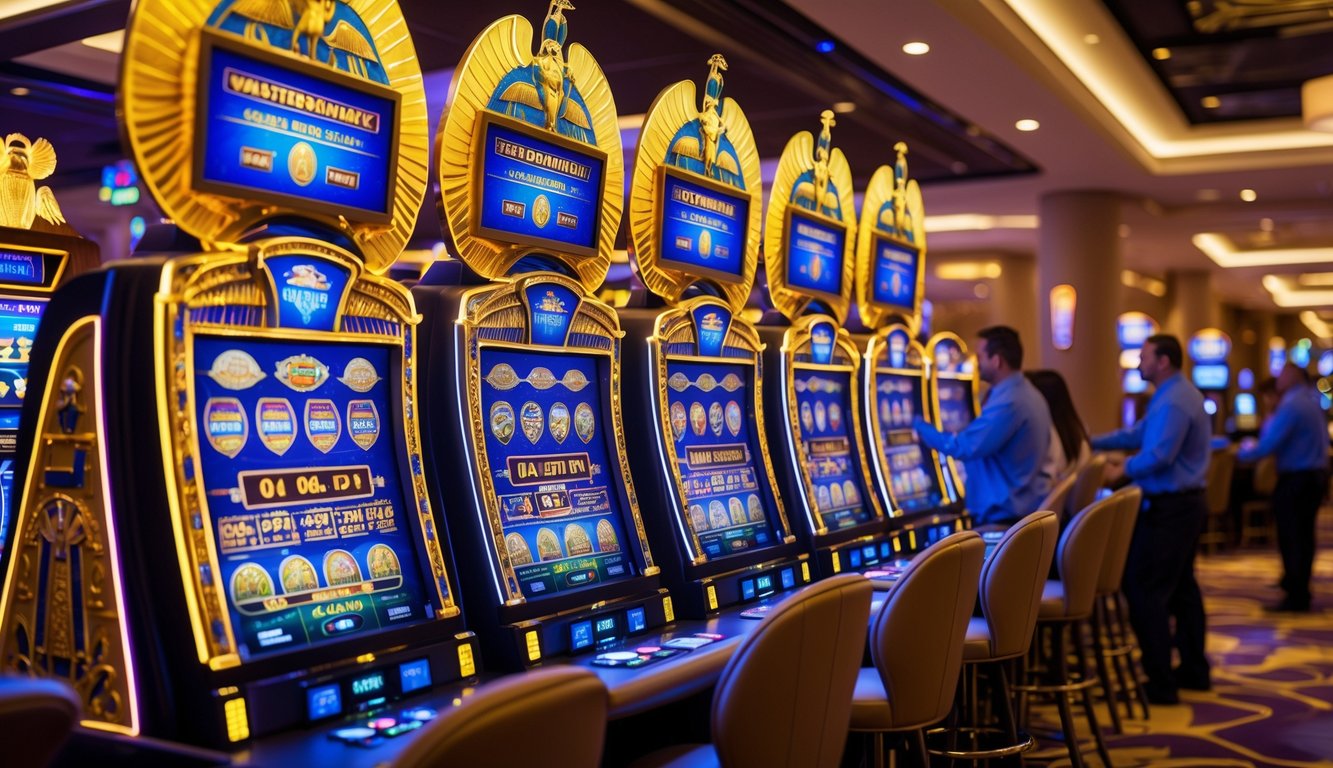 Area mesin slot bertema Mesir kuno dengan staf kasino yang ramah melayani pemain sepanjang waktu.