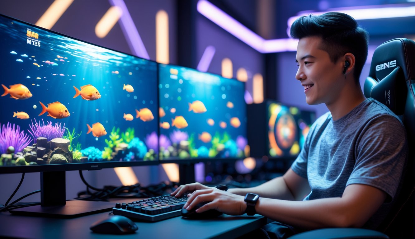 Seorang pria muda sedang bermain game menembak ikan di komputer dengan latar ruangan gaming yang modern dan pencahayaan lembut.