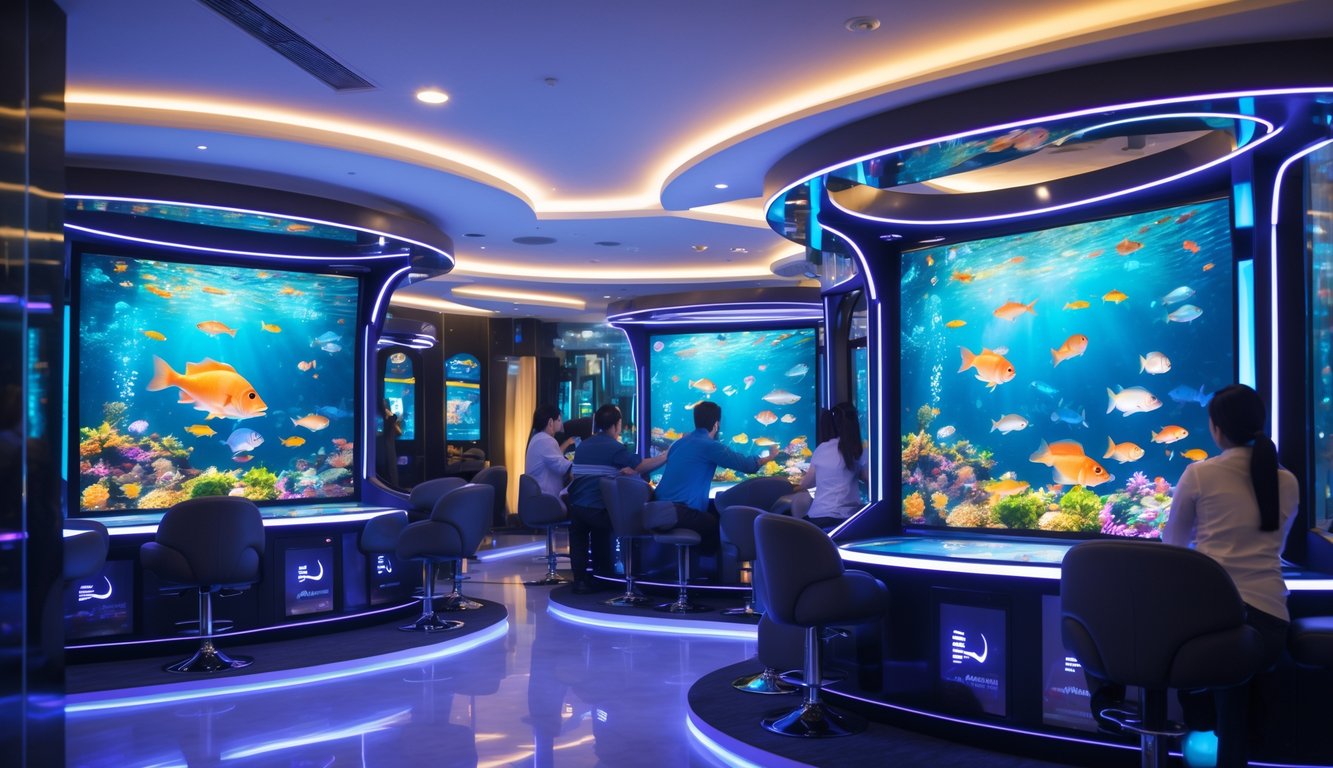 Suasana arcade permainan tembak ikan VIP dengan layar besar menampilkan ikan berwarna-warni di bawah air dan pemain yang sedang bermain.