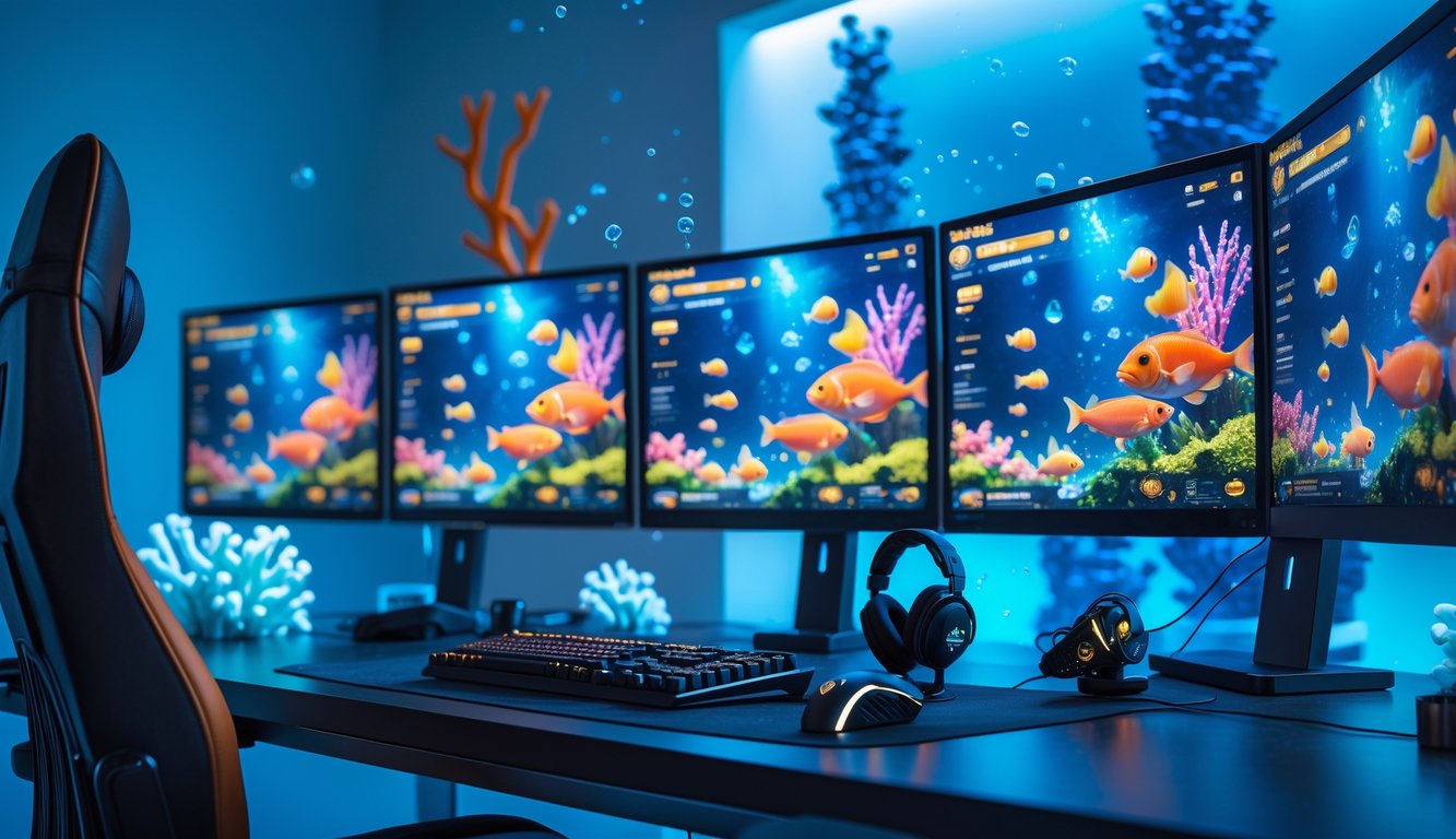 Sebuah meja komputer modern dengan beberapa layar yang menampilkan permainan menembak ikan dengan latar bawah laut berwarna-warni.