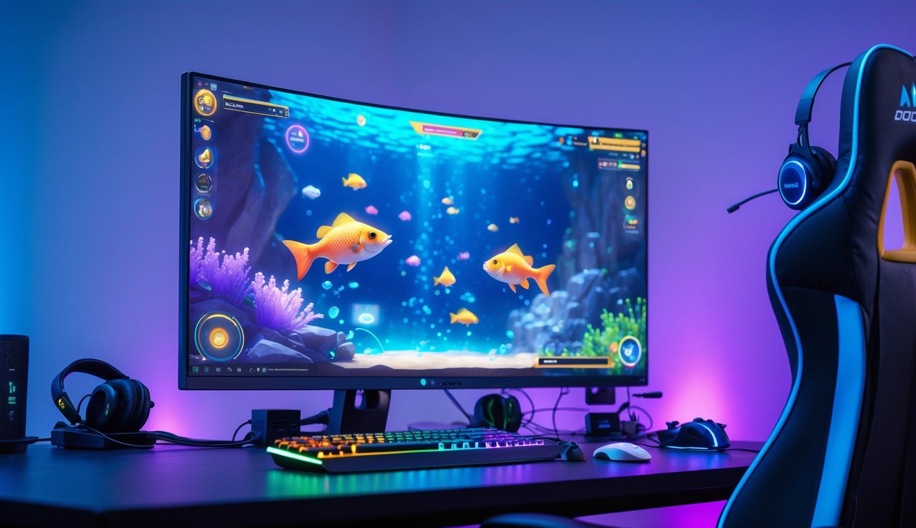 Sebuah setup permainan daring dengan komputer menampilkan permainan menembak ikan di layar, dengan kursi gaming dan pencahayaan ambient di sekitar.