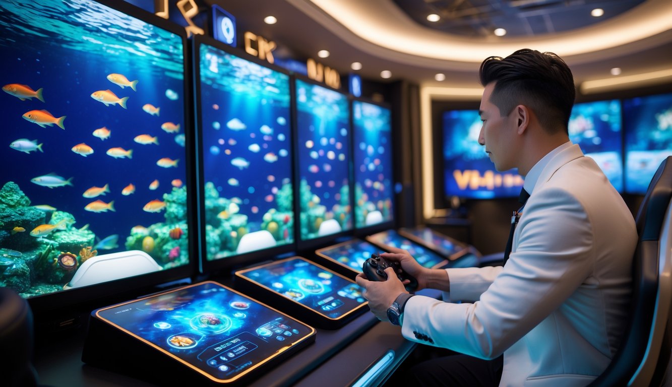 Seorang pemain yang fokus menggunakan perangkat permainan dengan layar besar menampilkan adegan bawah laut penuh ikan di ruang permainan mewah.