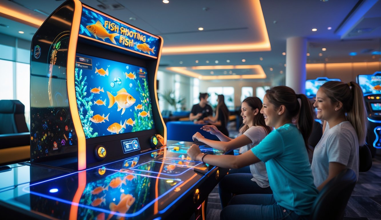 Suasana dalam ruangan arcade dengan mesin permainan tembak ikan yang menyala dan beberapa orang sedang bermain dengan antusias.