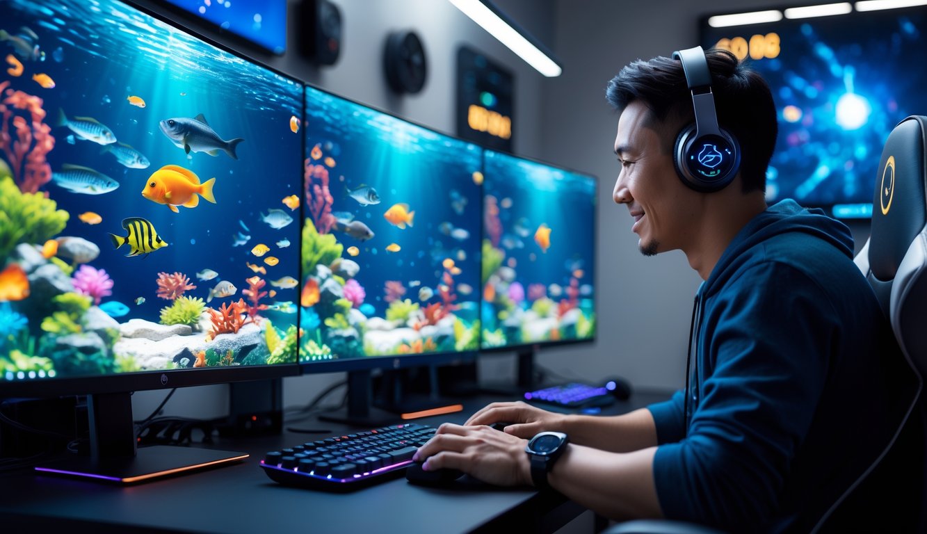 Seorang pemain dewasa sedang bermain game menembak ikan di komputer dengan layar penuh gambar ikan berwarna-warni di ruangan modern.