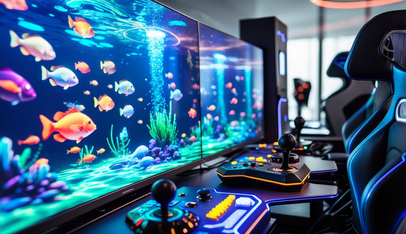 Sebuah setup permainan modern dengan layar besar menampilkan permainan menembak ikan berwarna-warni di dalam ruangan yang terang dan rapi.