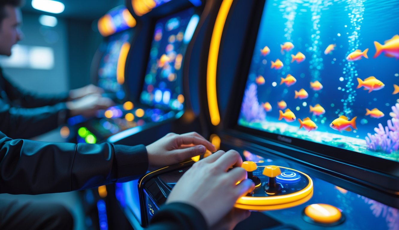 Suasana ruang permainan dengan mesin game memancarkan cahaya warna-warni dan tangan pemain yang sedang bermain.