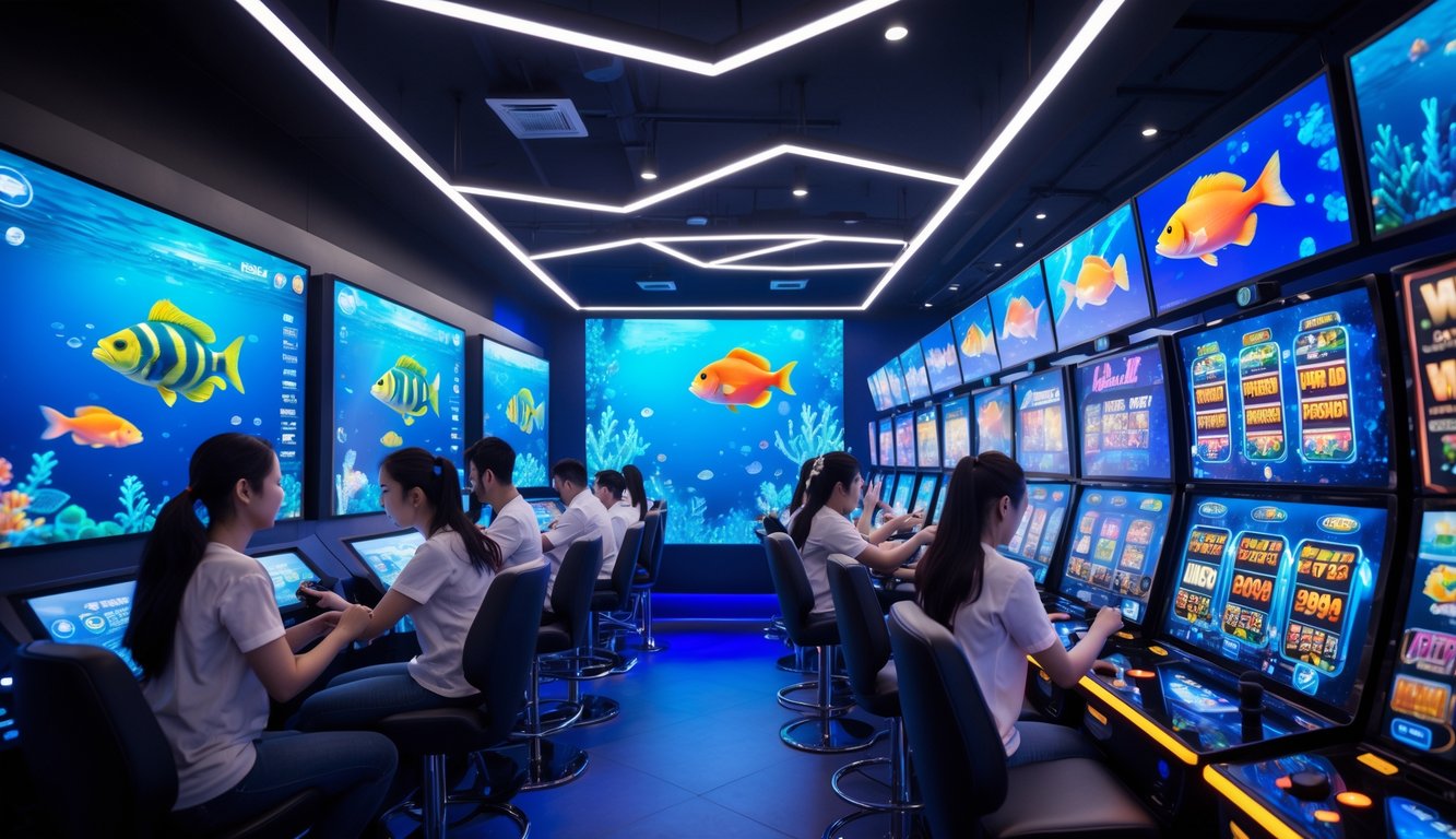 Suasana arcade permainan dengan layar menampilkan game tembak ikan dan mesin slot, pemain sedang bermain di lingkungan yang modern dan berwarna-warni.