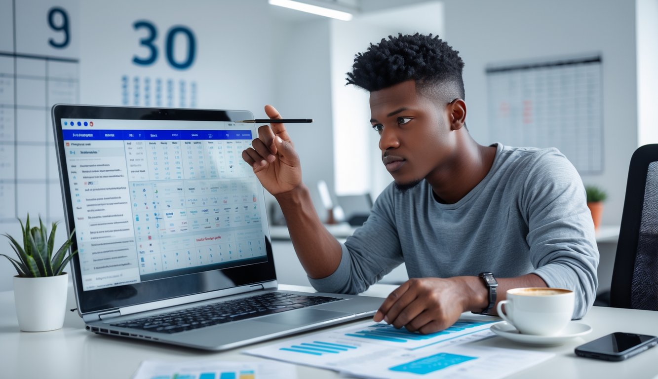 Seorang dewasa muda duduk di meja dengan laptop dan catatan, fokus menganalisis data taruhan di lingkungan kantor yang terang dan rapi.