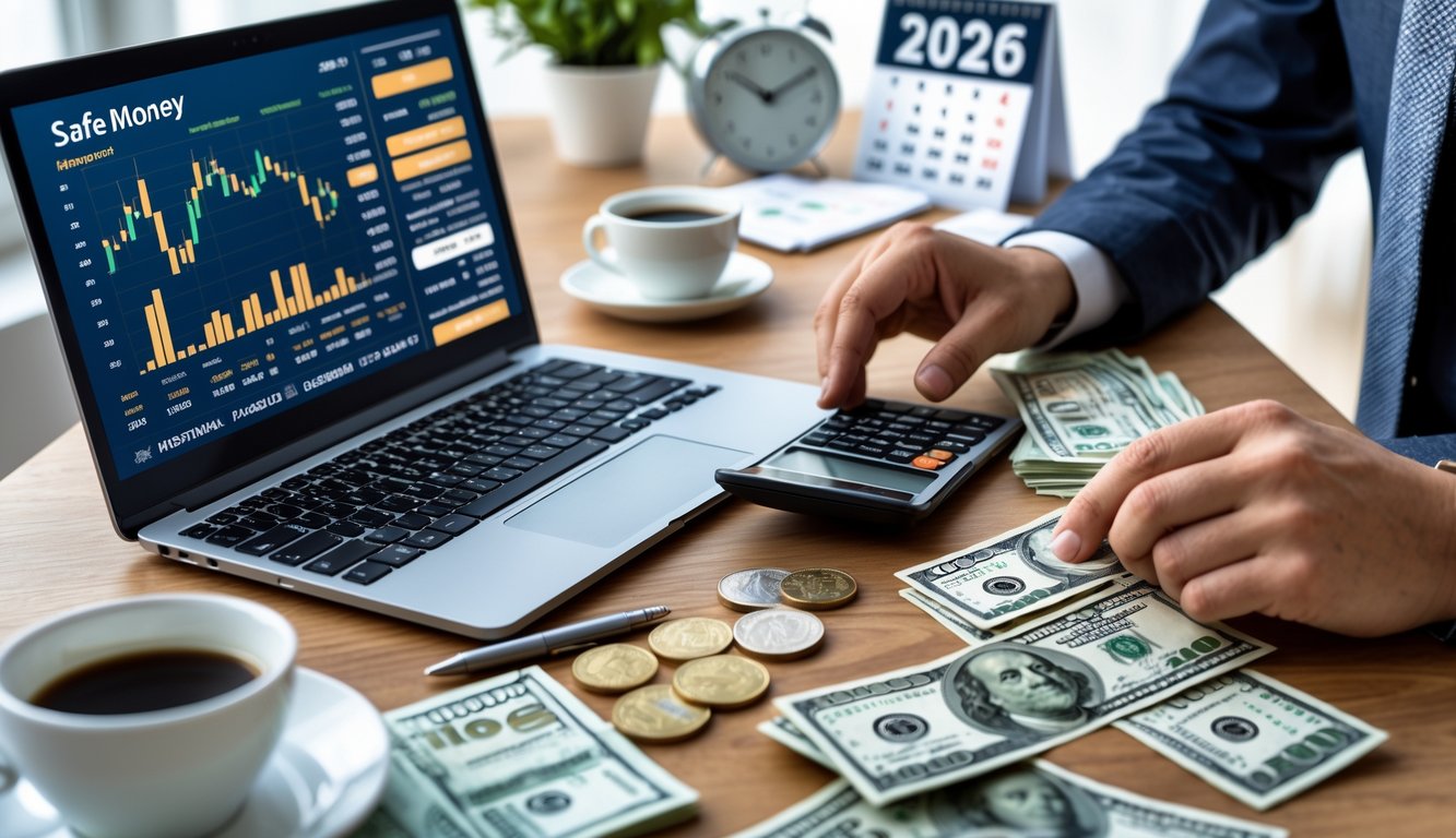 Seseorang mengelola uang dan melihat grafik keuangan di laptop di sebuah meja kerja yang rapi.