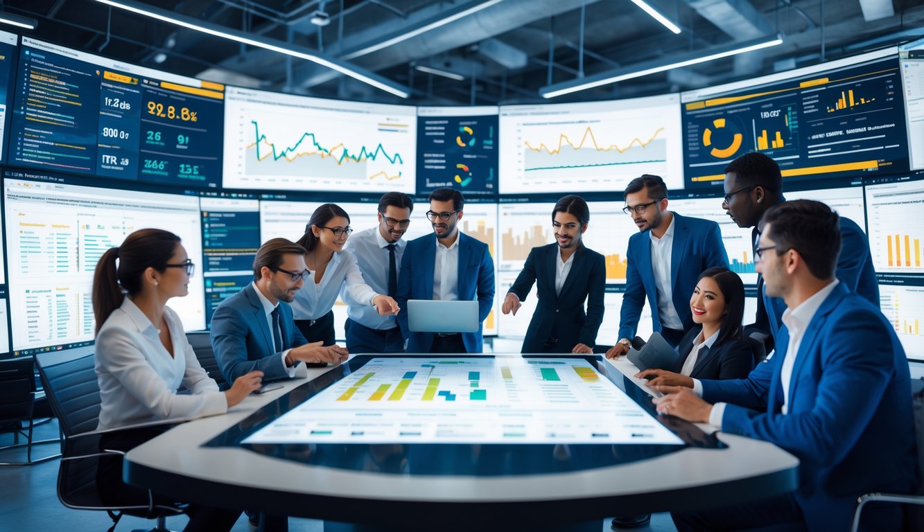 Sekelompok profesional sedang berdiskusi di kantor modern dengan layar besar menampilkan grafik dan data statistik taruhan.