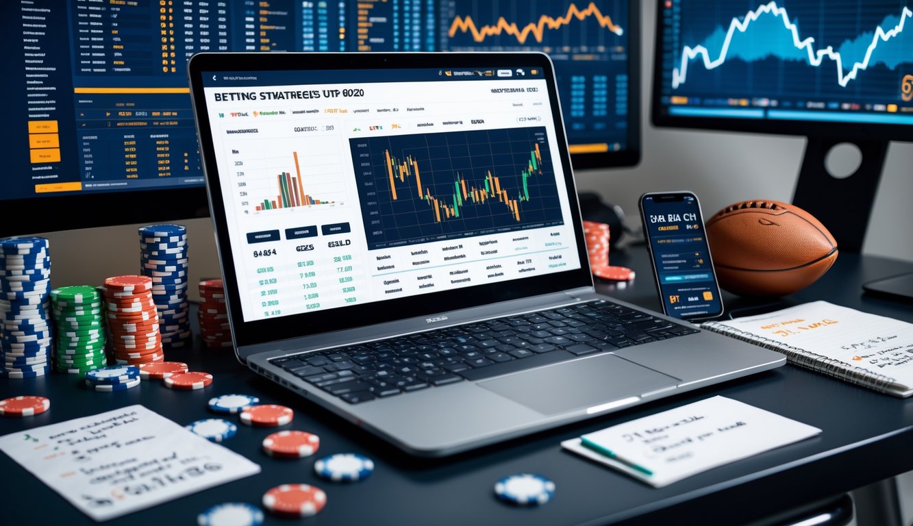 Meja kerja dengan laptop, ponsel, catatan, dan perlengkapan taruhan seperti chip poker dan kartu, menampilkan suasana analisis strategi taruhan.