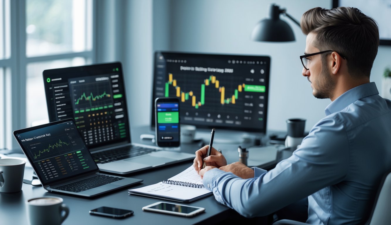Seorang bettor profesional duduk di meja kerja dengan beberapa perangkat digital, menganalisis strategi taruhan untuk tahun 2026.