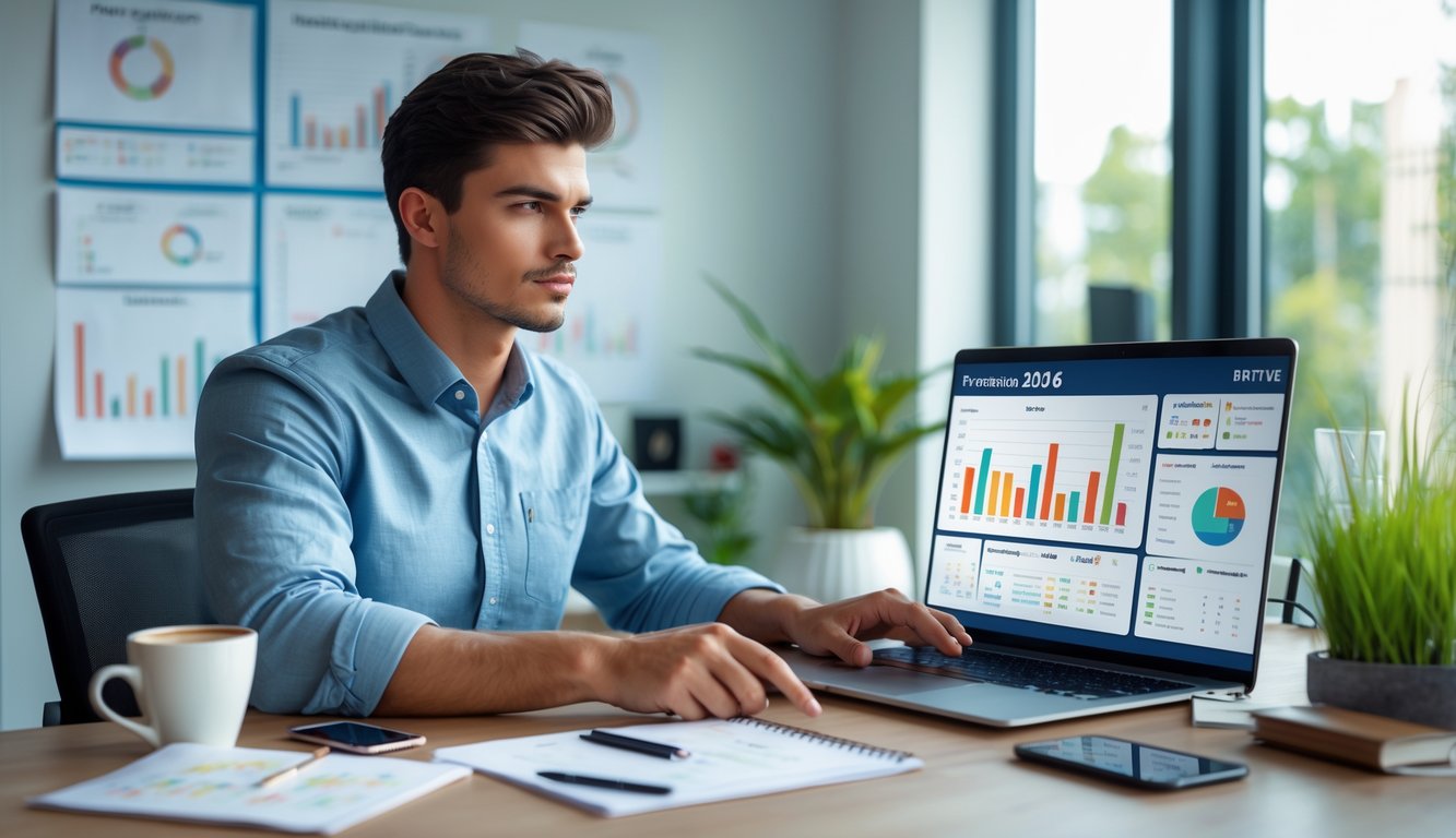 Seorang pria muda duduk di meja kantor modern, fokus menganalisis strategi taruhan menggunakan laptop dengan grafik dan catatan di sekitarnya.