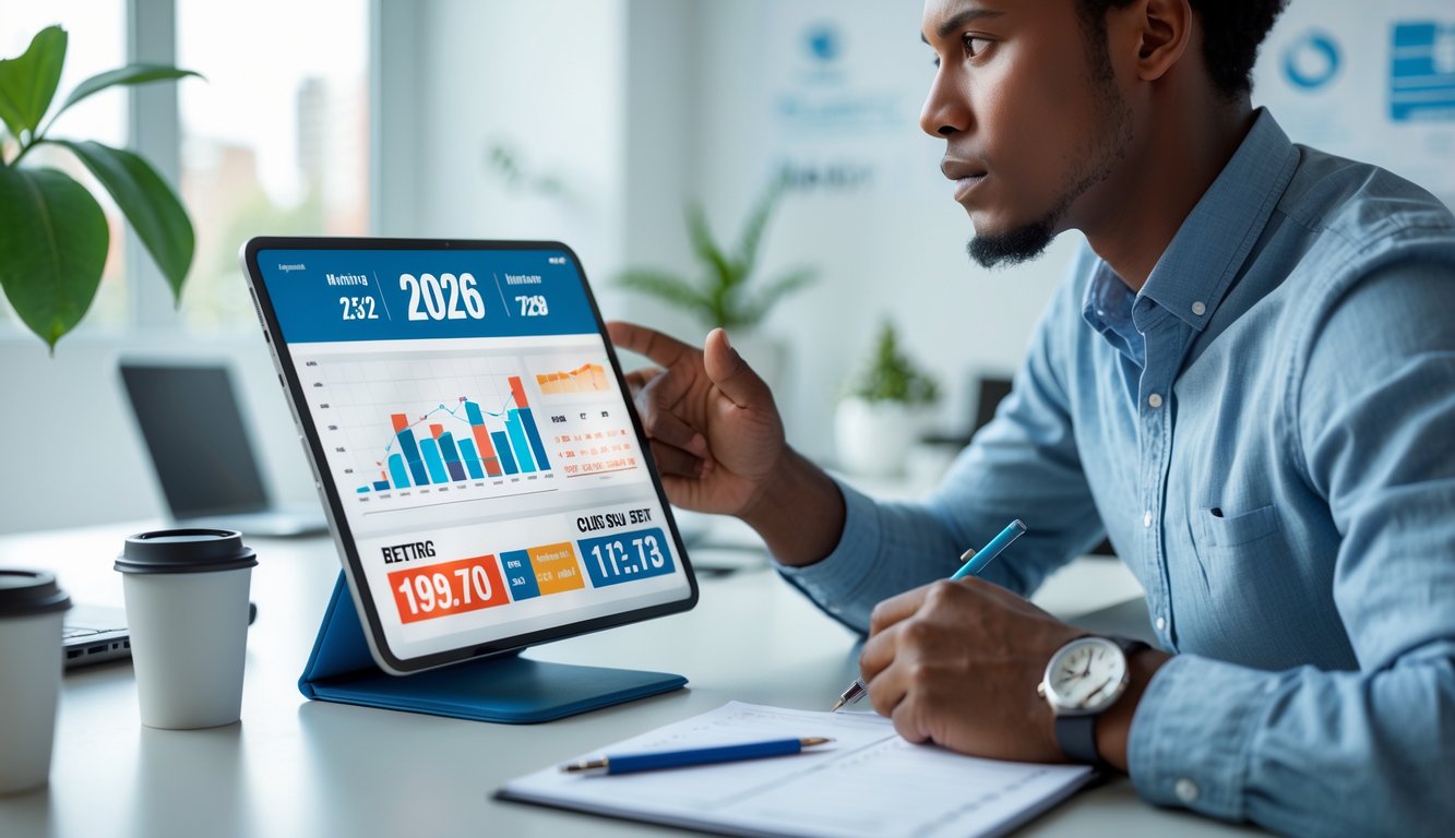 Seorang dewasa muda sedang menganalisis peluang taruhan pada tablet digital di ruang kantor yang terang dan rapi.