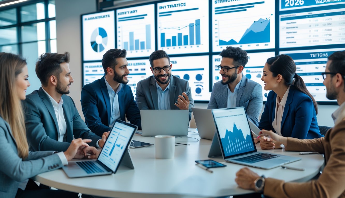 Sekelompok orang sedang berdiskusi dan bekerja bersama di kantor modern dengan layar digital dan perangkat elektronik.