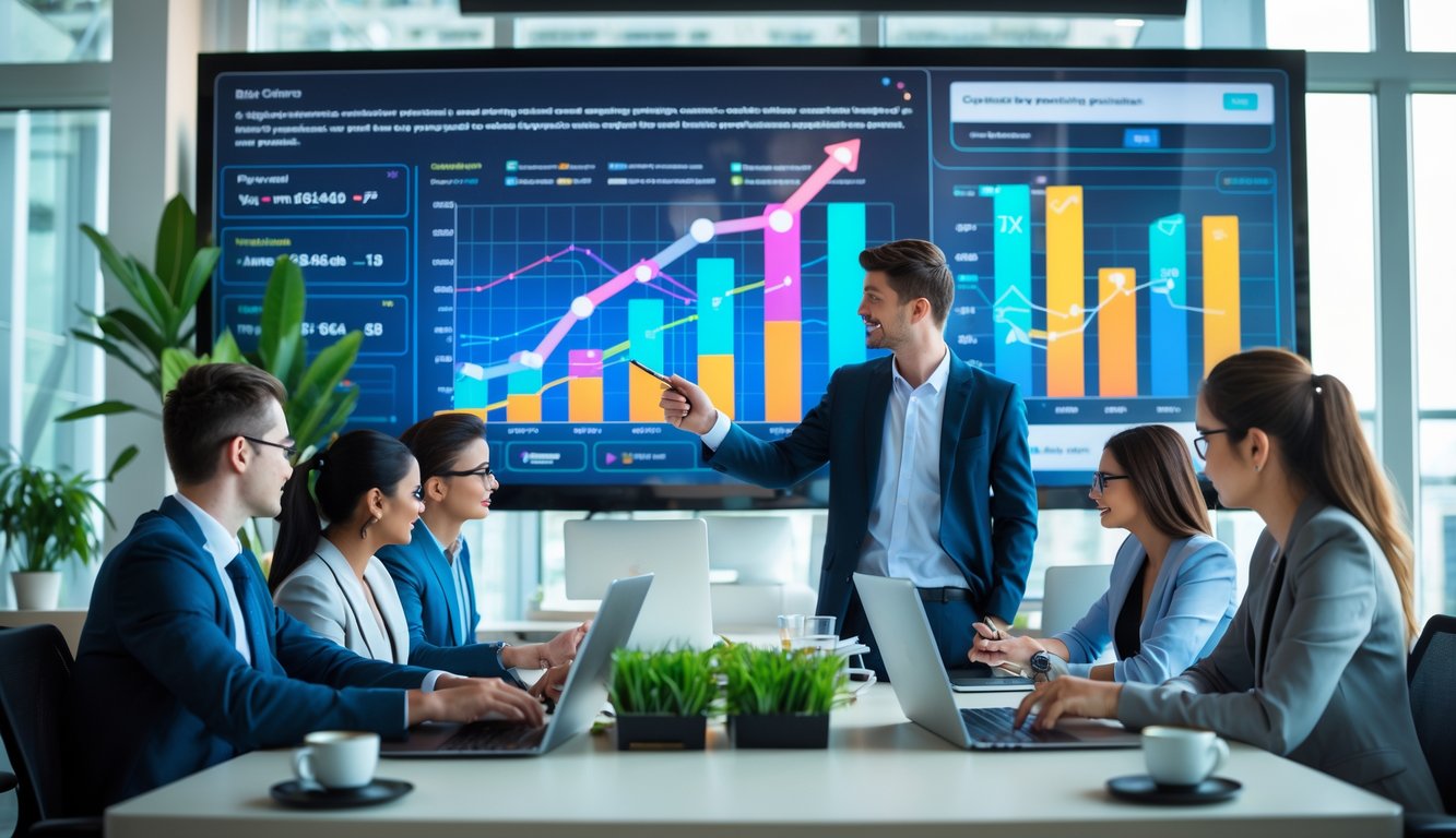 Sekelompok profesional muda sedang berdiskusi dan menganalisis grafik tren taruhan terbaru di ruang kantor yang terang dan modern.