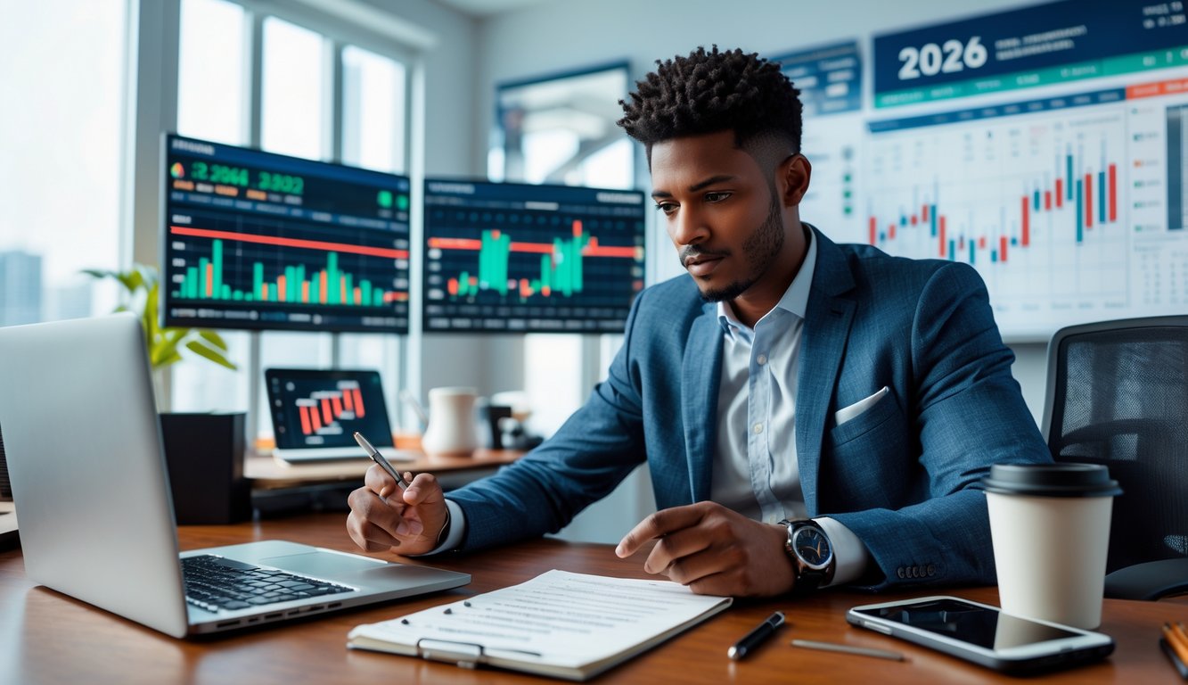 Seorang dewasa muda sedang menganalisis strategi taruhan jangka panjang di kantor modern dengan layar komputer dan papan tulis di latar belakang.