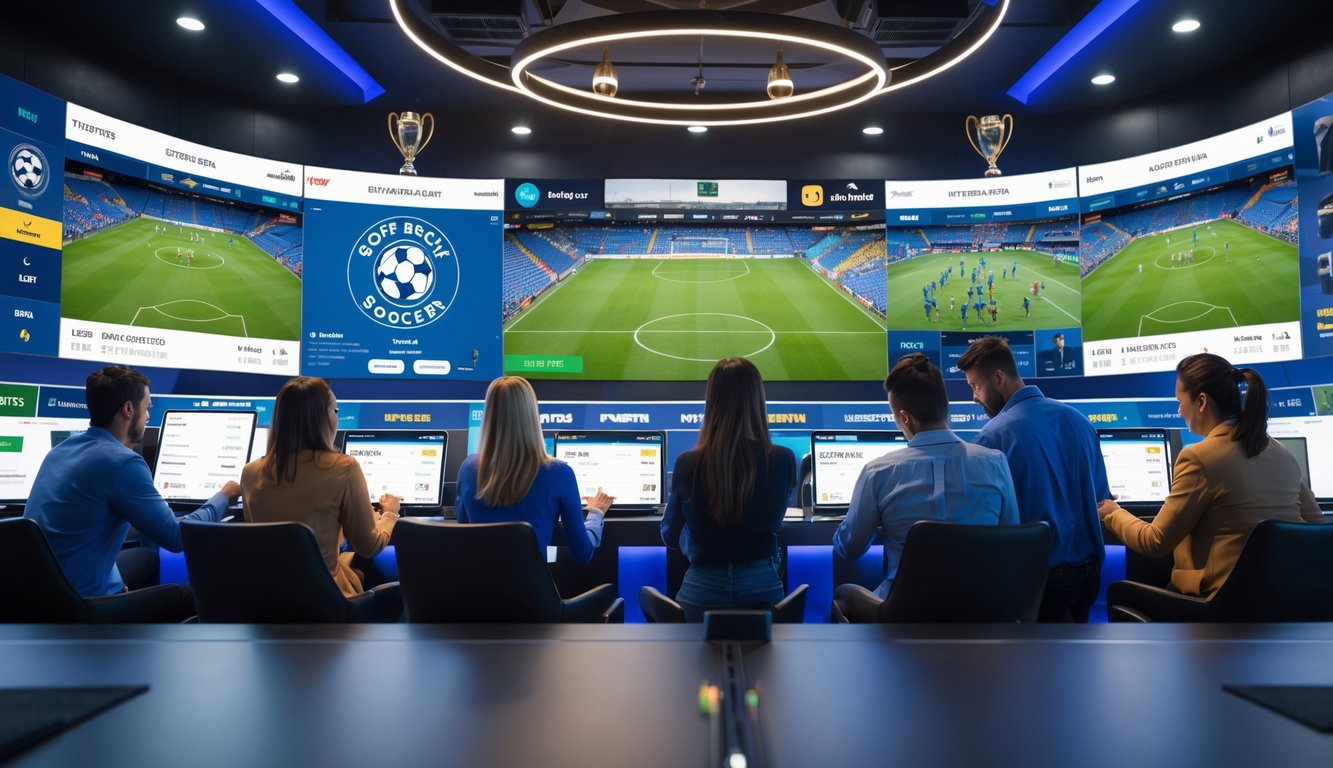 Sekelompok orang sedang menonton pertandingan sepak bola dan memasang taruhan menggunakan perangkat digital di ruang taruhan olahraga yang modern dan ramai.