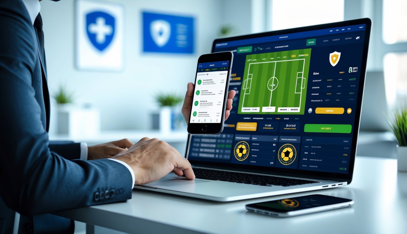 Seseorang menggunakan laptop dan ponsel dengan tampilan platform taruhan bola yang aman dan resmi di meja kerja modern.