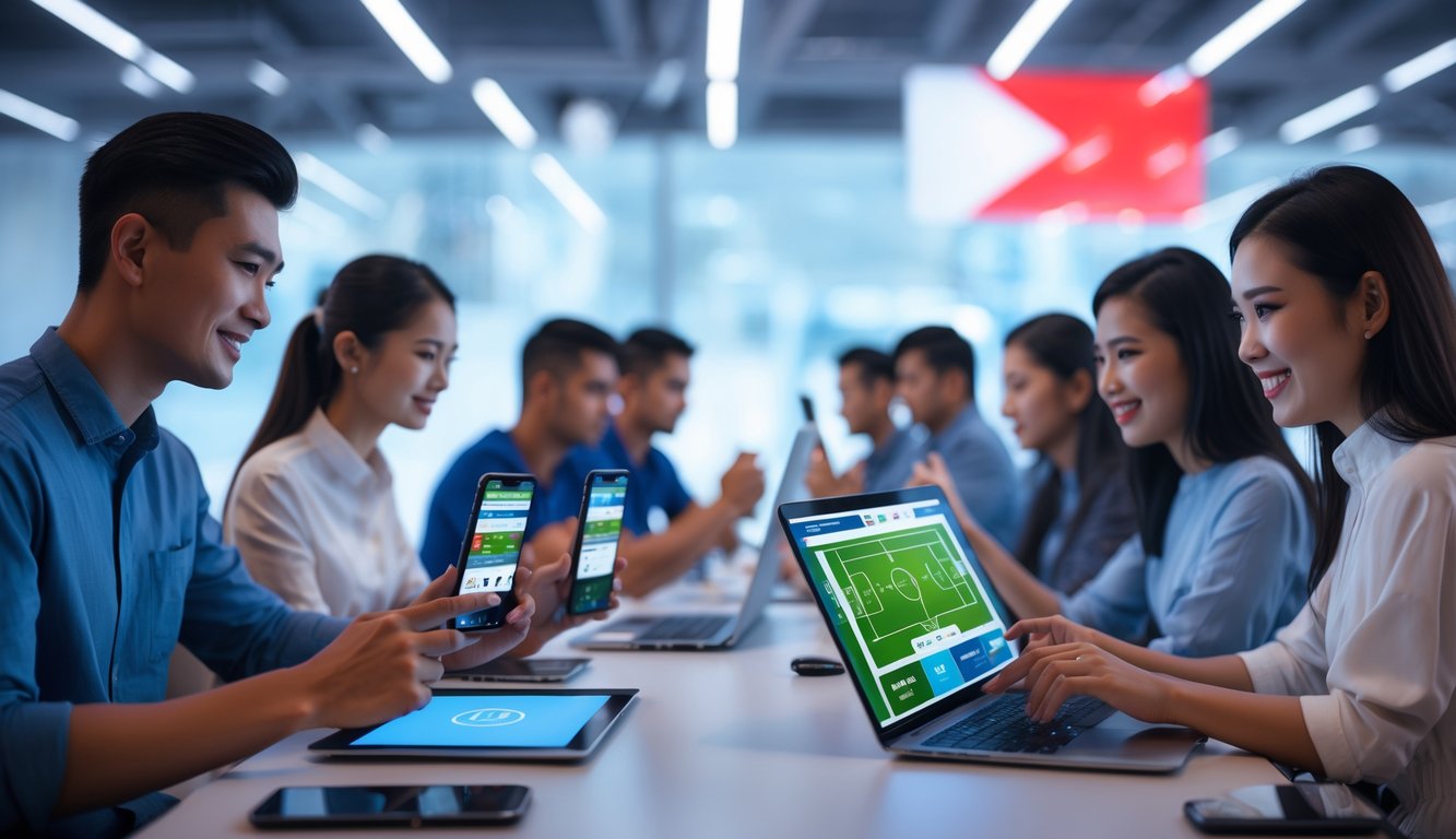 Sekelompok orang muda menggunakan perangkat digital untuk taruhan bola online dengan latar belakang elemen budaya Indonesia.