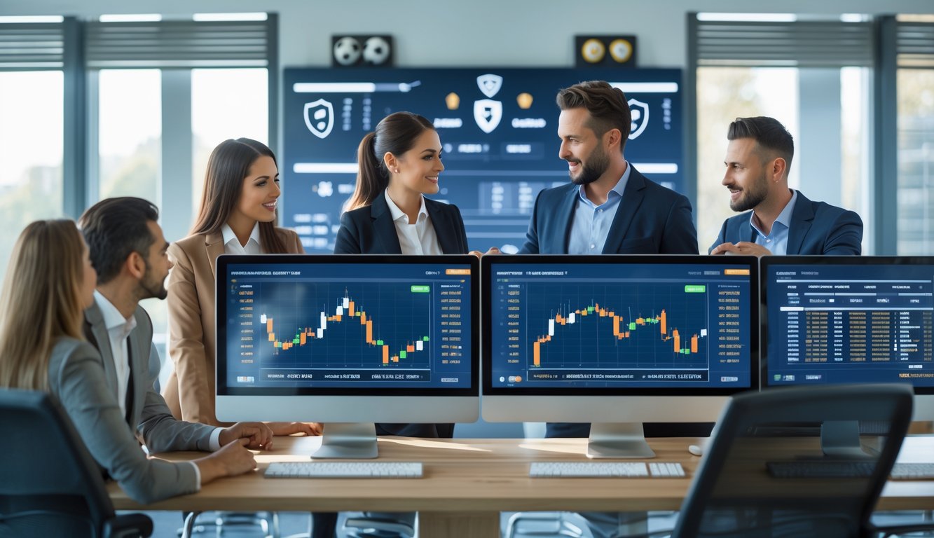Sekelompok orang di kantor modern sedang menganalisis data pertandingan sepak bola dengan layar komputer besar.