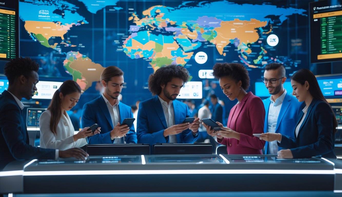 Orang-orang di lingkungan taruhan sepak bola internasional dengan layar digital dan peta dunia di latar belakang.