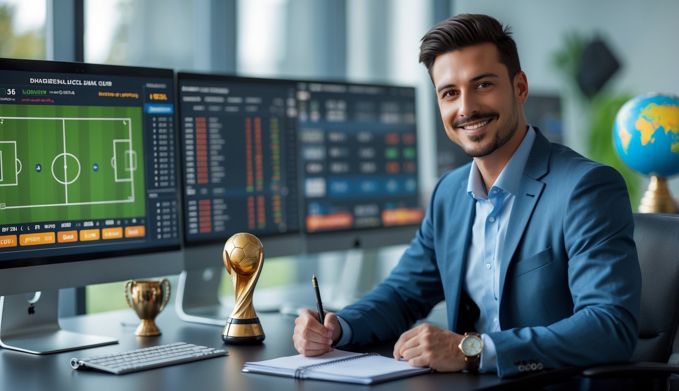 Seorang pria percaya diri duduk di depan beberapa layar komputer yang menampilkan statistik dan peluang taruhan sepak bola Piala Dunia 2026 dalam sebuah kantor modern.