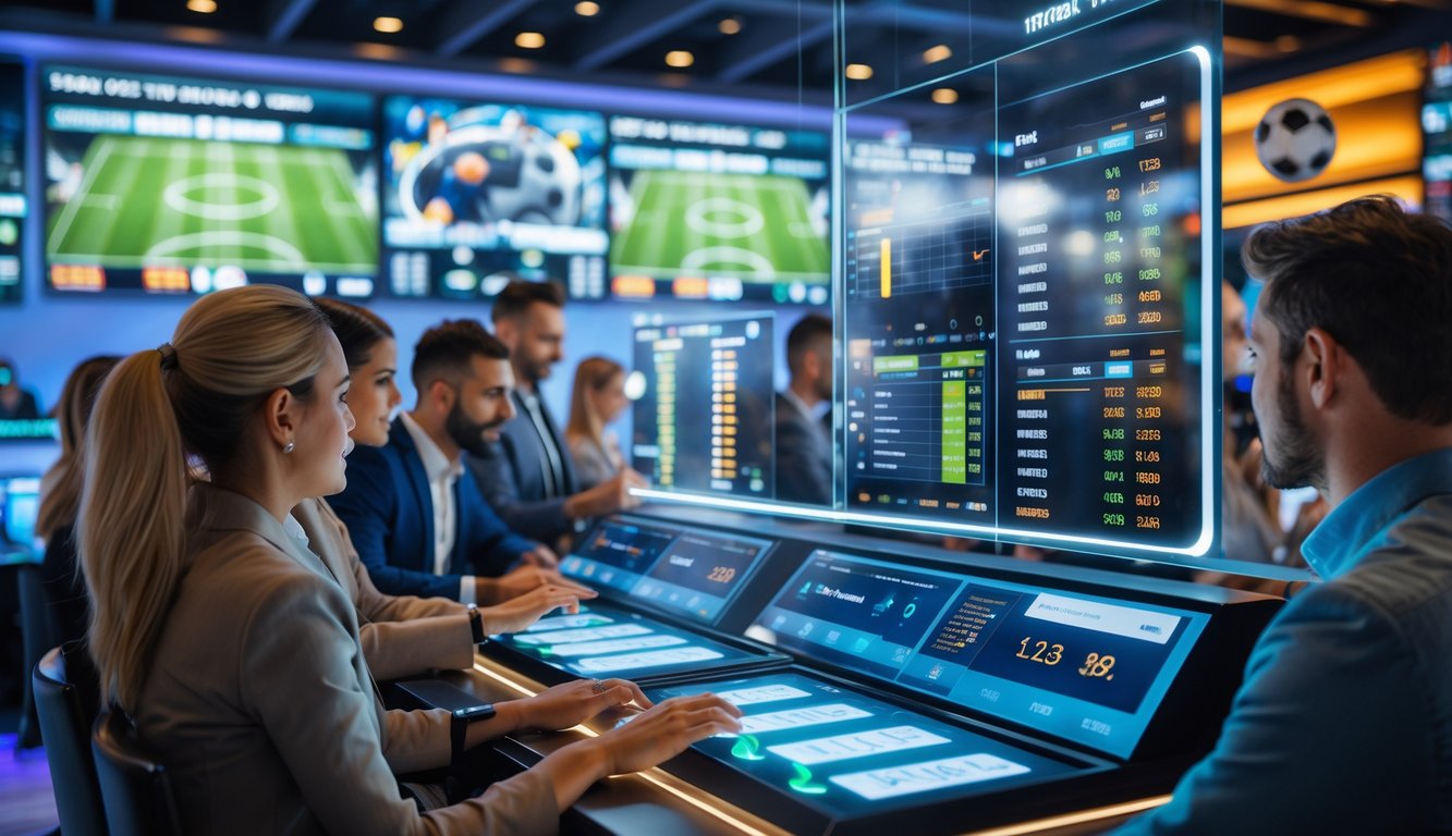 Orang-orang menggunakan layar sentuh digital untuk memasang taruhan sepak bola dengan suasana bar olahraga modern.