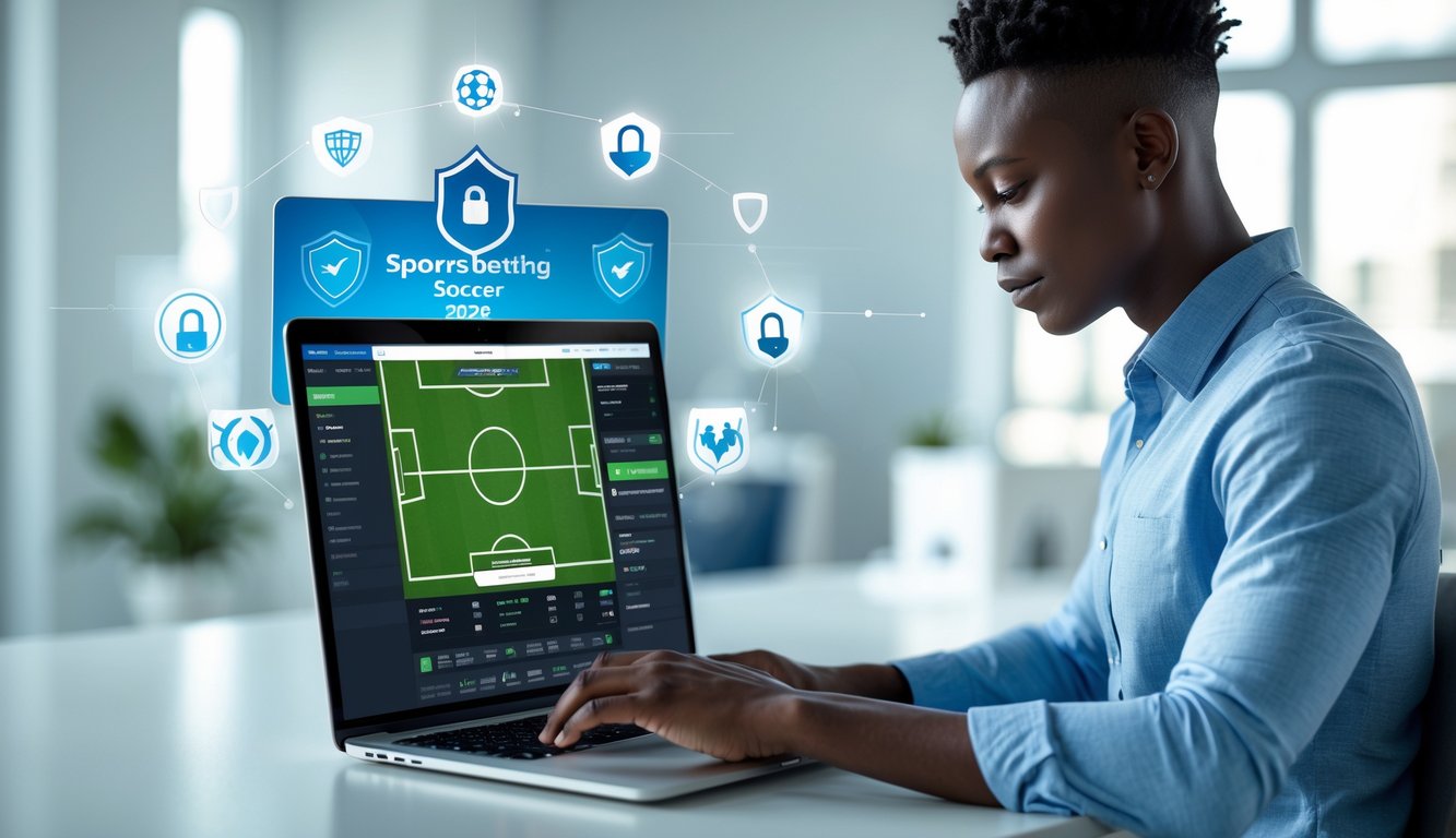 Seseorang menggunakan laptop dengan tampilan antarmuka taruhan bola yang aman dan terpercaya di ruang kantor modern.