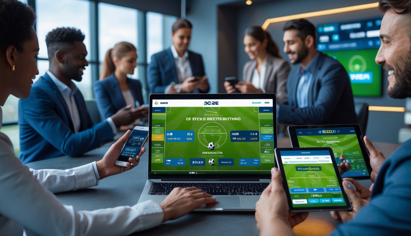 Beberapa orang menggunakan perangkat digital untuk memasang taruhan sepak bola secara online di ruangan modern yang terang dan futuristik.