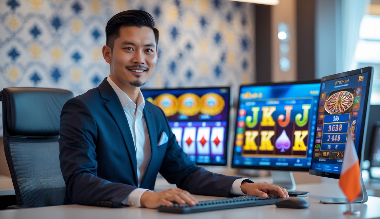 Seorang agen kasino online terpercaya di Indonesia duduk di meja dengan beberapa layar komputer yang menampilkan permainan kasino, di kantor modern dengan elemen budaya Indonesia.