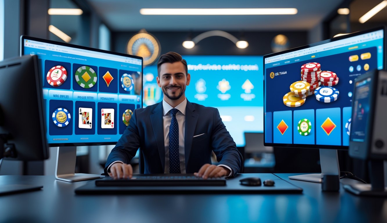 Seorang agen kasino online terpercaya sedang bekerja di kantor modern dengan beberapa layar komputer menampilkan grafik kasino.