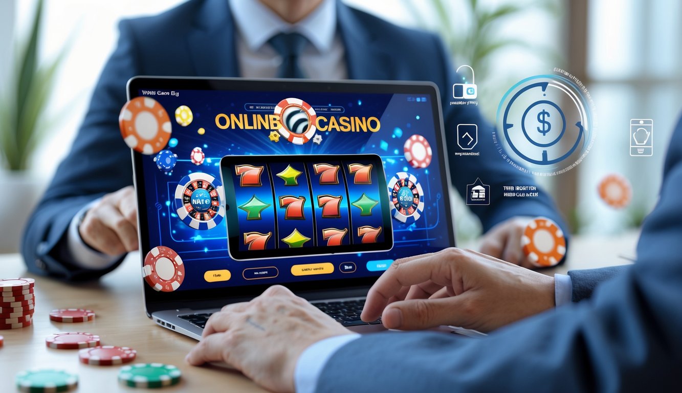 Seseorang menggunakan perangkat digital dengan tampilan kasino online yang menampilkan mesin slot dan chip poker di meja yang rapi.