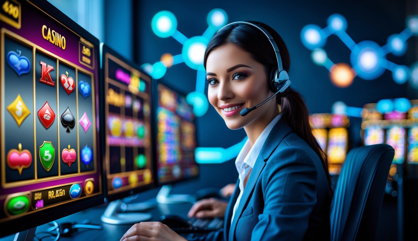 Seorang agen kasino online sedang bekerja di kantor modern dengan beberapa monitor menampilkan permainan kasino.